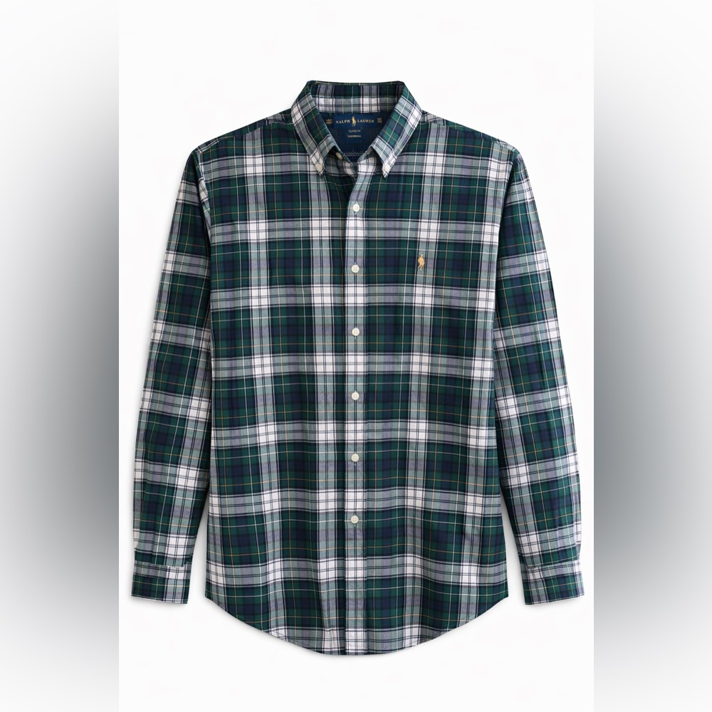 Ralph Lauren Men's Blue and Green Plaid Shirt